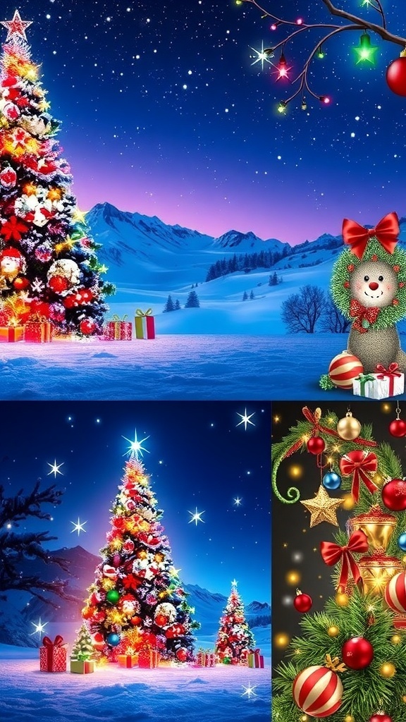 A selection of colorful Christmas wallpapers showcasing winter scenes, Christmas trees, and holiday decorations.